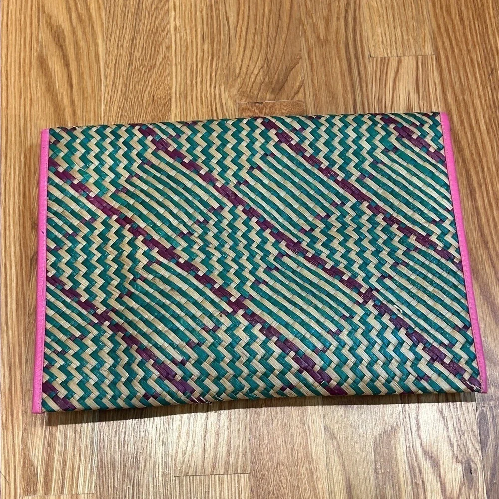 vintage mayan Woven wicker Clutch and Wallet Set Pink Trim purple green bundle